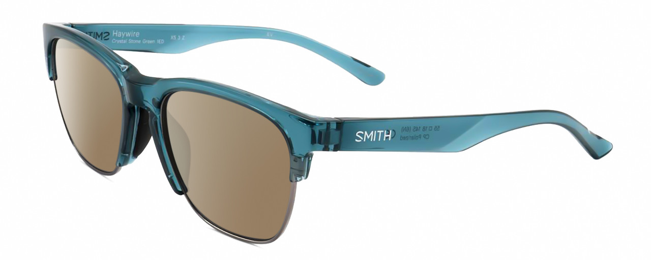 Profile View of Smith Optics Haywire-1ED Designer Polarized Sunglasses with Custom Cut Amber Brown Lenses in Crystal Stone Green Blue Silver Unisex Panthos Semi-Rimless Acetate 55 mm