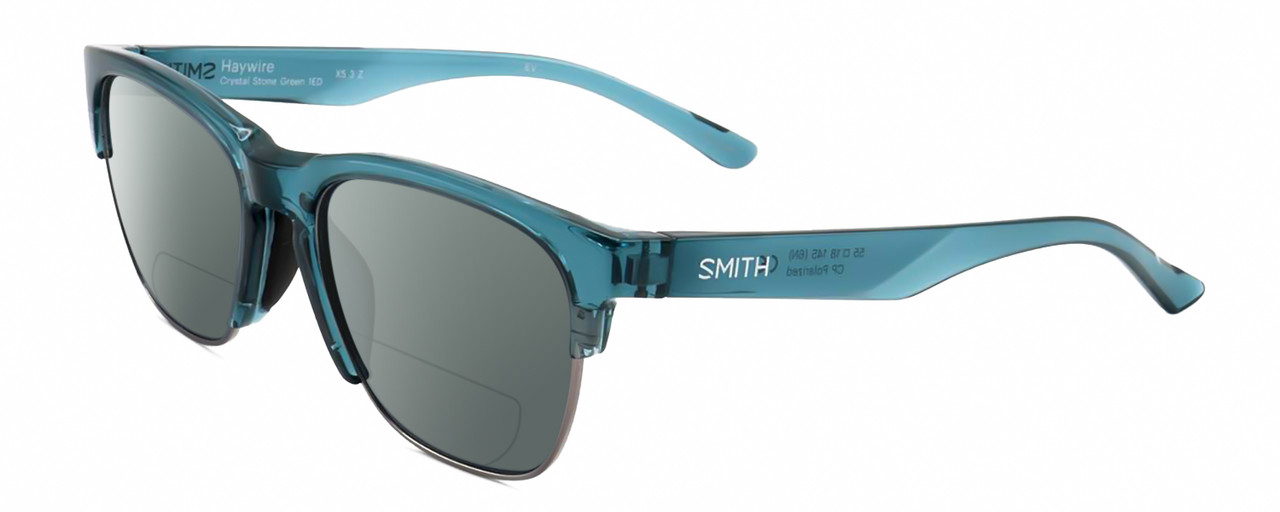 Profile View of Smith Optics Haywire-1ED Designer Polarized Reading Sunglasses with Custom Cut Powered Smoke Grey Lenses in Crystal Stone Green Blue Silver Unisex Panthos Semi-Rimless Acetate 55 mm