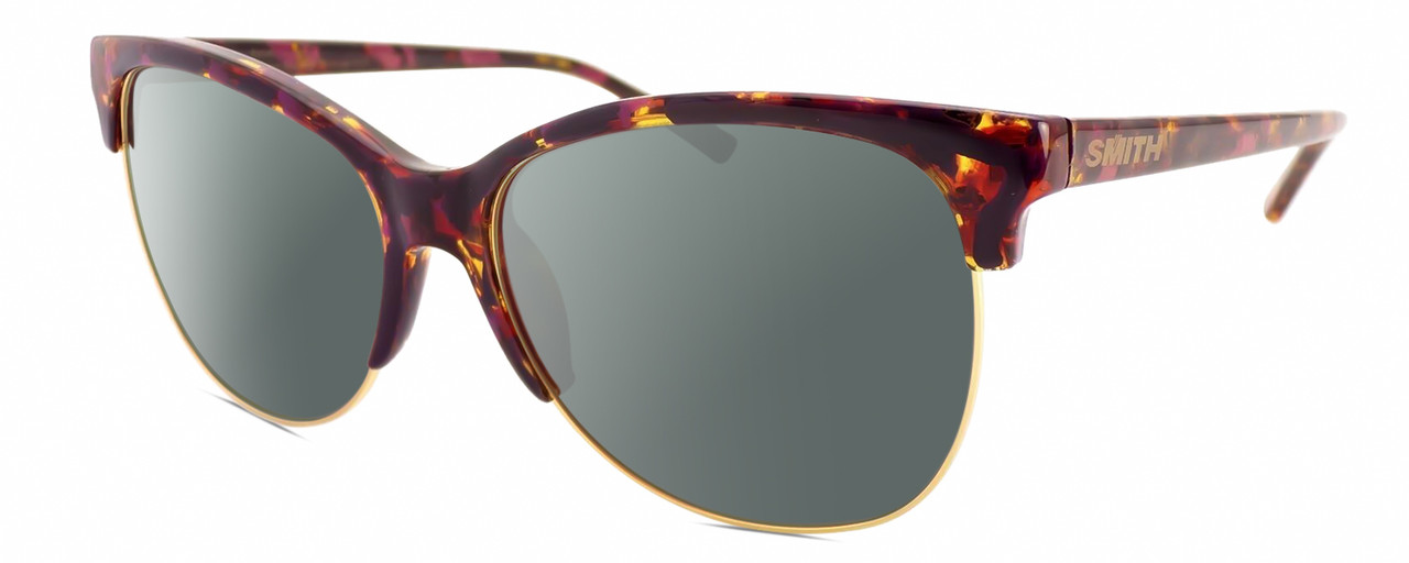 Profile View of Smith Optics Rebel-WJ9/FN Designer Polarized Sunglasses with Custom Cut Smoke Grey Lenses in Mulberry Tortoise Purple Red Gold Ladies Cat Eye Semi-Rimless Acetate 58 mm