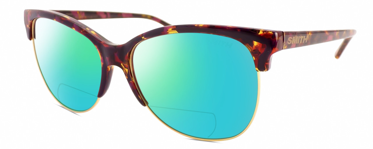 Profile View of Smith Optics Rebel-WJ9/FN Designer Polarized Reading Sunglasses with Custom Cut Powered Green Mirror Lenses in Mulberry Tortoise Purple Red Gold Ladies Cat Eye Semi-Rimless Acetate 58 mm