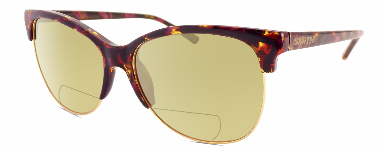 Profile View of Smith Optics Rebel-WJ9/FN Designer Polarized Reading Sunglasses with Custom Cut Powered Sun Flower Yellow Lenses in Mulberry Tortoise Purple Red Gold Ladies Cat Eye Semi-Rimless Acetate 58 mm