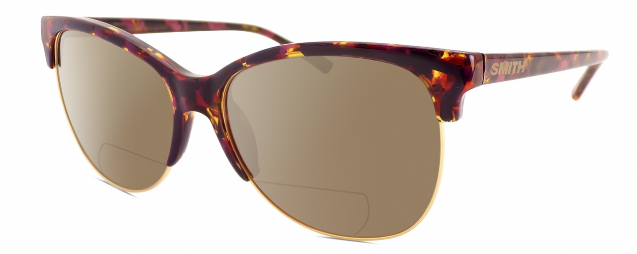 Profile View of Smith Optics Rebel-WJ9/FN Designer Polarized Reading Sunglasses with Custom Cut Powered Amber Brown Lenses in Mulberry Tortoise Purple Red Gold Ladies Cat Eye Semi-Rimless Acetate 58 mm
