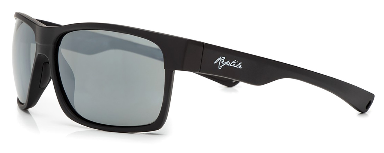 Profile View of Reptile Loggerhead Unisex Rectangular Polarized Sunglasses Matte Black/Grey 60mm