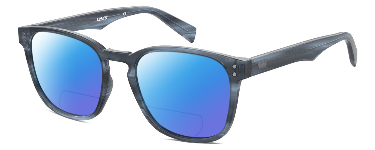 Profile View of Levi's Timeless LV5008S Designer Polarized Reading Sunglasses with Custom Cut Powered Blue Mirror Lenses in Crystal Blue Horn Marble Unisex Panthos Full Rim Acetate 52 mm