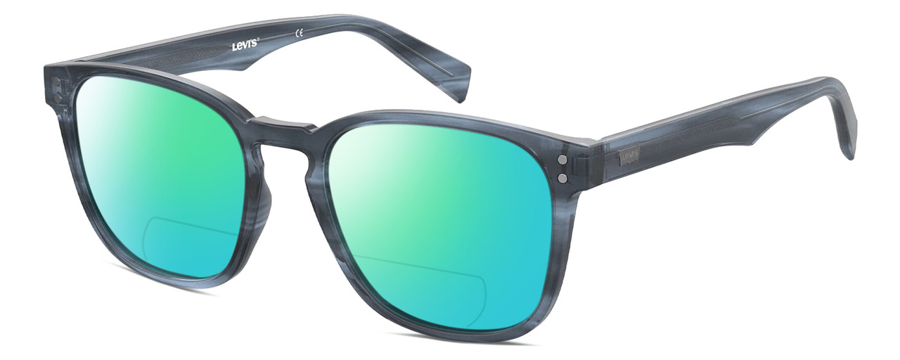 Profile View of Levi's Timeless LV5008S Designer Polarized Reading Sunglasses with Custom Cut Powered Green Mirror Lenses in Crystal Blue Horn Marble Unisex Panthos Full Rim Acetate 52 mm