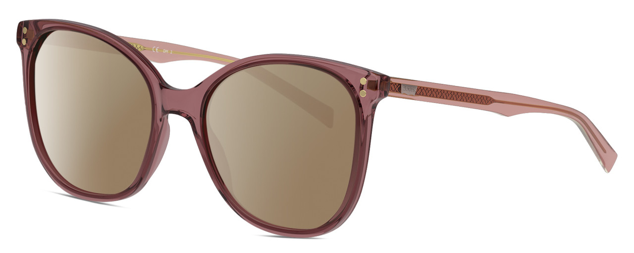 Profile View of Levi's Timeless LV5009S Designer Polarized Sunglasses with Custom Cut Amber Brown Lenses in Pink Crystal Ladies Cat Eye Full Rim Acetate 56 mm