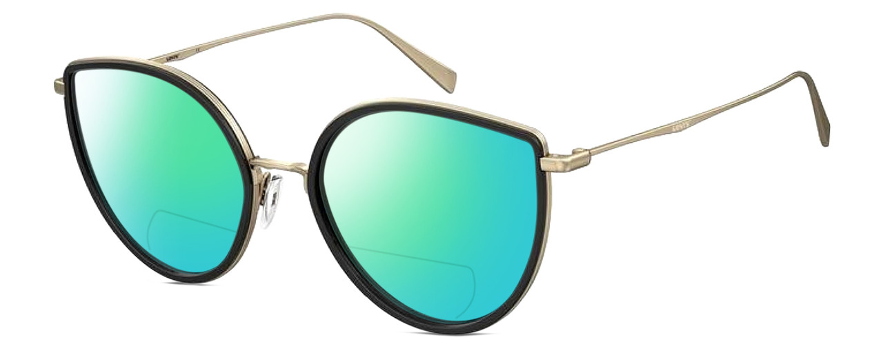 Profile View of Levi's Timeless LV5011S Designer Polarized Reading Sunglasses with Custom Cut Powered Green Mirror Lenses in Gloss Black Gold Ladies Cat Eye Full Rim Metal 56 mm