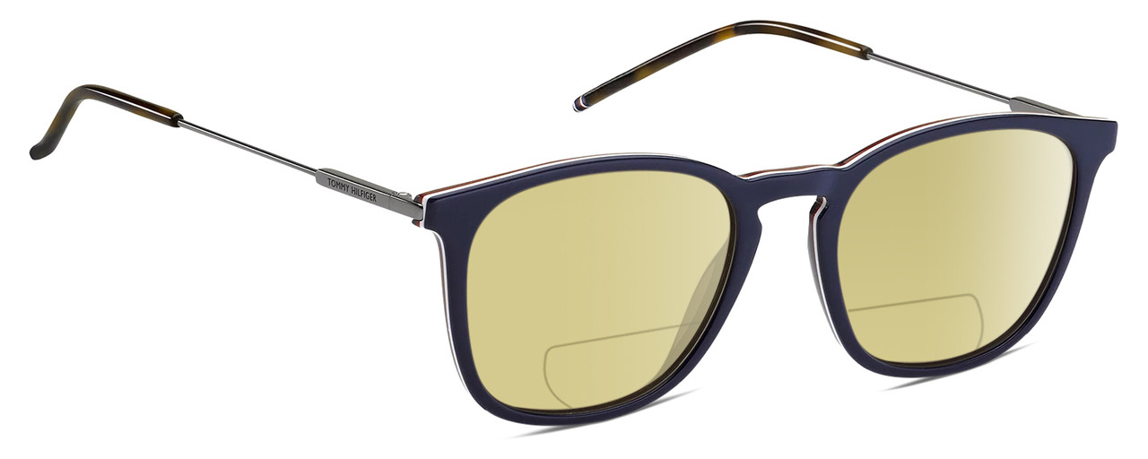 Profile View of Tommy Hilfiger TH1764S Designer Polarized Reading Sunglasses with Custom Cut Powered Sun Flower Yellow Lenses in Navy Blue White Red Silver Tortoise Havana Unisex Panthos Full Rim Metal 51 mm