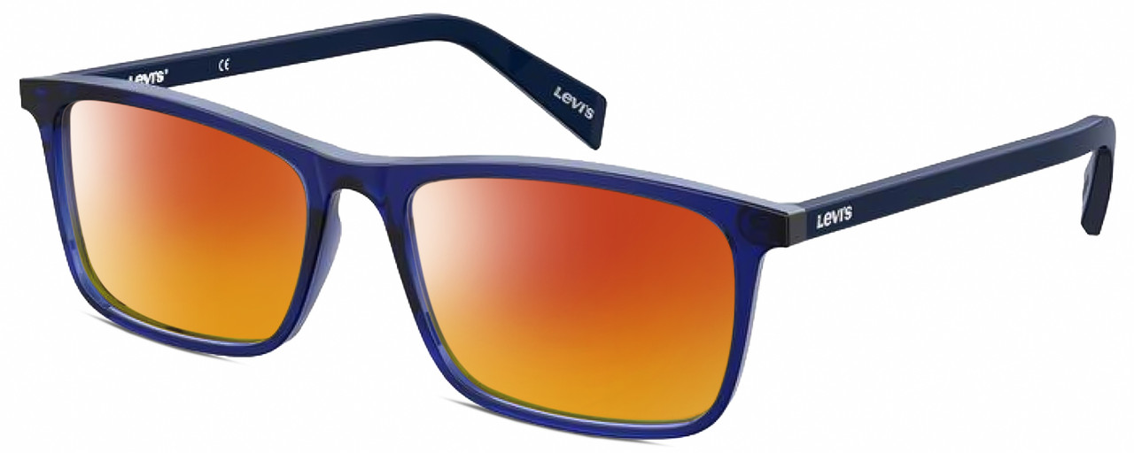 Profile View of Levi's Seasonal LV1004 Designer Polarized Sunglasses with Custom Cut Red Mirror Lenses in Crystal Royal Blue Unisex Rectangular Full Rim Acetate 53 mm