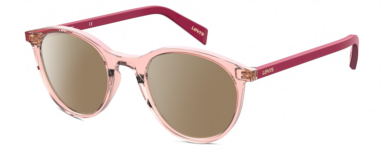 Profile View of Levi's Seasonal LV1005 Designer Polarized Sunglasses with Custom Cut Amber Brown Lenses in Crystal Pink Plum Purple Ladies Round Full Rim Acetate 50 mm