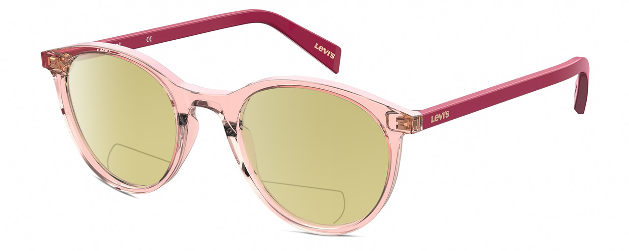 Profile View of Levi's Seasonal LV1005 Designer Polarized Reading Sunglasses with Custom Cut Powered Sun Flower Yellow Lenses in Crystal Pink Plum Purple Ladies Round Full Rim Acetate 50 mm