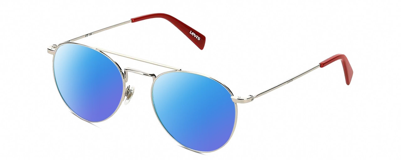 Profile View of Levi's Seasonal LV1006 Designer Polarized Sunglasses with Custom Cut Blue Mirror Lenses in Palladium Silver Red Unisex Pilot Full Rim Stainless Steel 52 mm