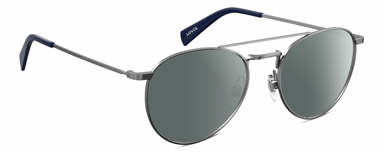 Profile View of Levi's Seasonal LV1006 Designer Polarized Sunglasses with Custom Cut Smoke Grey Lenses in Dark Ruthenium Silver Navy Blue Unisex Pilot Full Rim Stainless Steel 52 mm