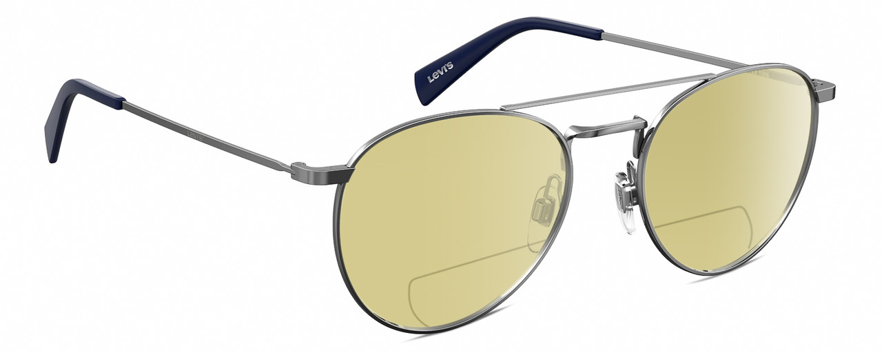 Profile View of Levi's Seasonal LV1006 Designer Polarized Reading Sunglasses with Custom Cut Powered Sun Flower Yellow Lenses in Dark Ruthenium Silver Navy Blue Unisex Pilot Full Rim Stainless Steel 52 mm