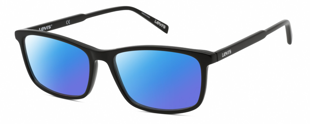 Profile View of Levi's Seasonal LV1018 Designer Polarized Sunglasses with Custom Cut Blue Mirror Lenses in Gloss Black Unisex Rectangular Full Rim Acetate 55 mm