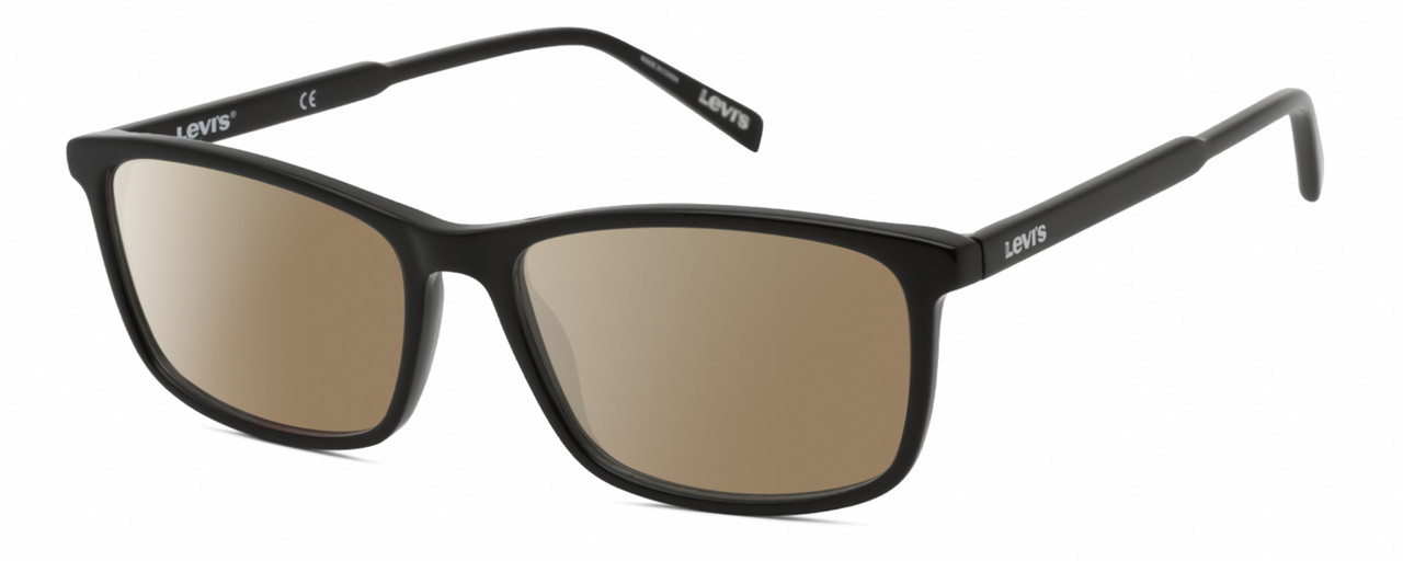 Profile View of Levi's Seasonal LV1018 Designer Polarized Sunglasses with Custom Cut Amber Brown Lenses in Gloss Black Unisex Rectangular Full Rim Acetate 55 mm