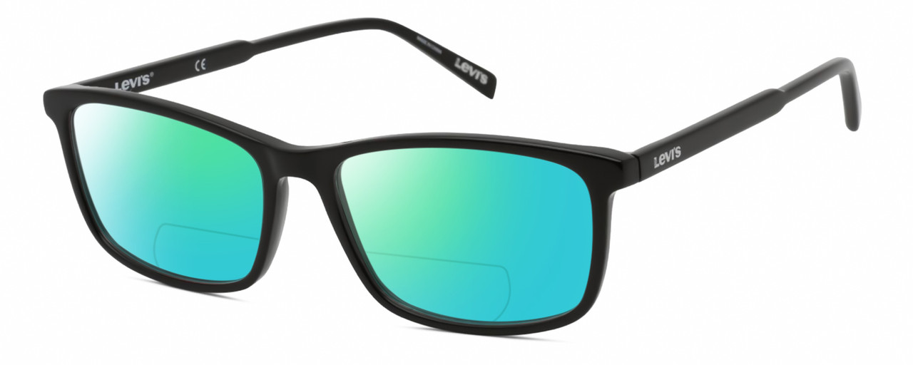 Profile View of Levi's Seasonal LV1018 Designer Polarized Reading Sunglasses with Custom Cut Powered Green Mirror Lenses in Gloss Black Unisex Rectangular Full Rim Acetate 55 mm