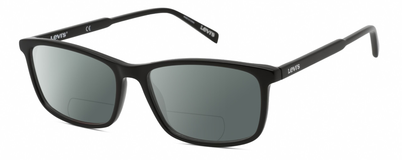 Profile View of Levi's Seasonal LV1018 Designer Polarized Reading Sunglasses with Custom Cut Powered Smoke Grey Lenses in Gloss Black Unisex Rectangular Full Rim Acetate 55 mm