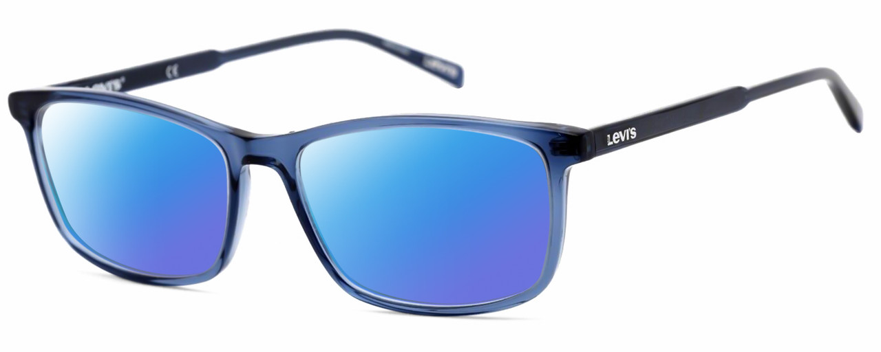 Profile View of Levi's Seasonal LV1018 Designer Polarized Sunglasses with Custom Cut Blue Mirror Lenses in Crystal Blue Unisex Rectangular Full Rim Acetate 55 mm