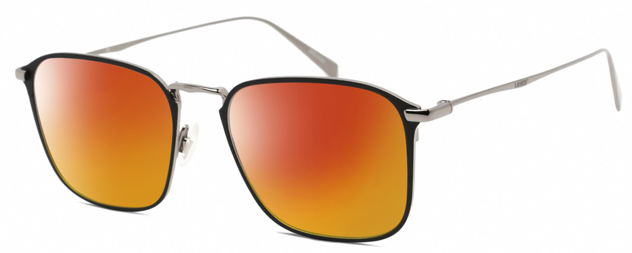 Profile View of Levi's Timeless LV5000 Designer Polarized Sunglasses with Custom Cut Red Mirror Lenses in Black Ruthenium Silver Unisex Square Full Rim Metal 52 mm