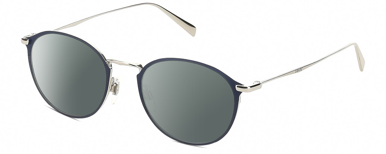 Profile View of Levi's Timeless LV5001 Designer Polarized Sunglasses with Custom Cut Smoke Grey Lenses in Satin Blue Palladium Silver Unisex Oval Full Rim Metal 50 mm