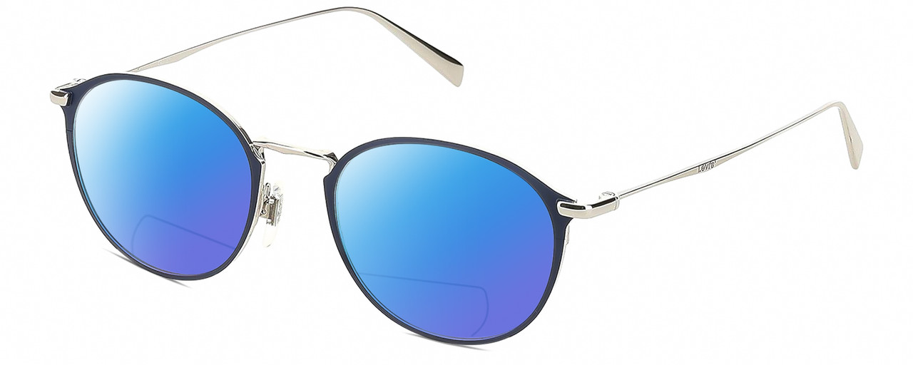 Profile View of Levi's Timeless LV5001 Designer Polarized Reading Sunglasses with Custom Cut Powered Blue Mirror Lenses in Satin Blue Palladium Silver Unisex Oval Full Rim Metal 50 mm