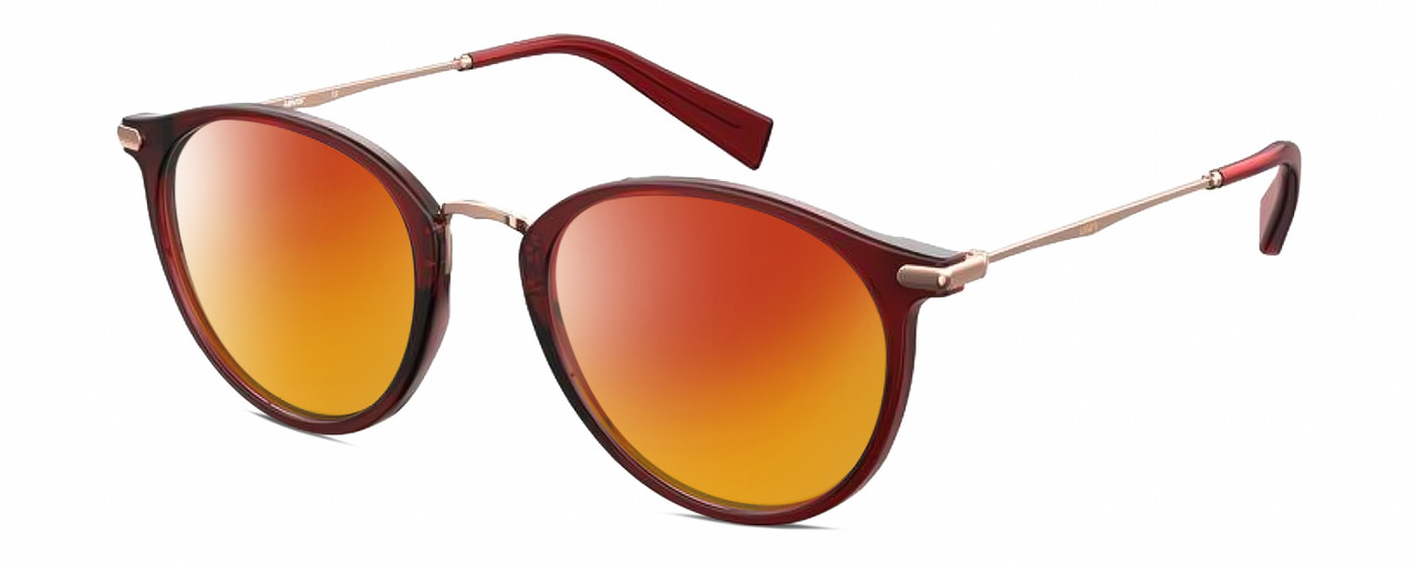 Profile View of Levi's Timeless LV5006 Designer Polarized Sunglasses with Custom Cut Red Mirror Lenses in Crystal Red Rose Gold Unisex Round Full Rim Metal 50 mm