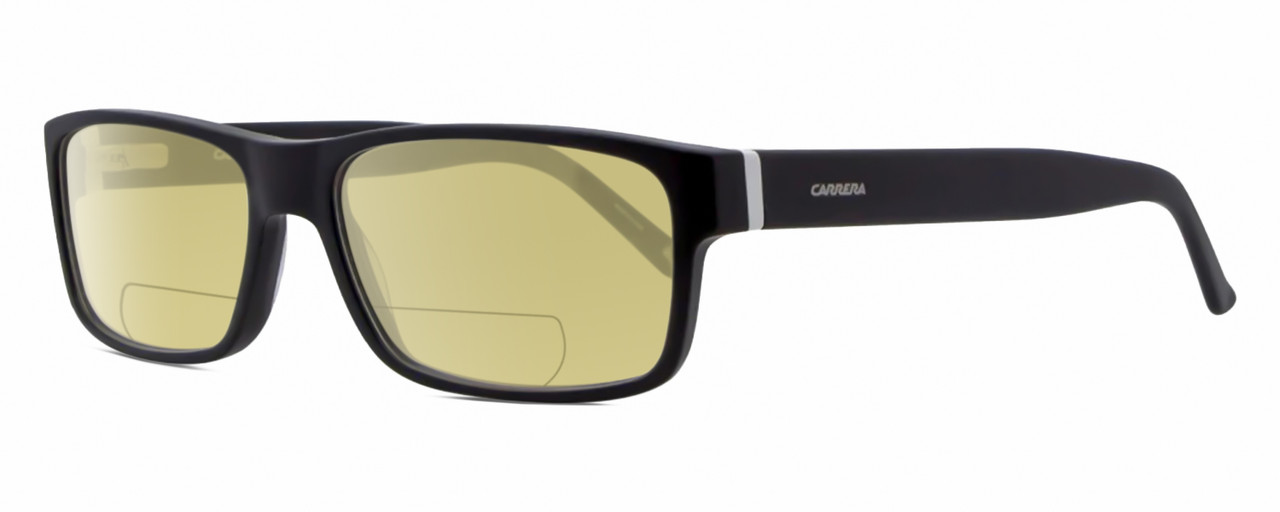 Profile View of Carrera CA6180 Designer Polarized Reading Sunglasses with Custom Cut Powered Sun Flower Yellow Lenses in Matte Black White Unisex Square Full Rim Acetate 55 mm
