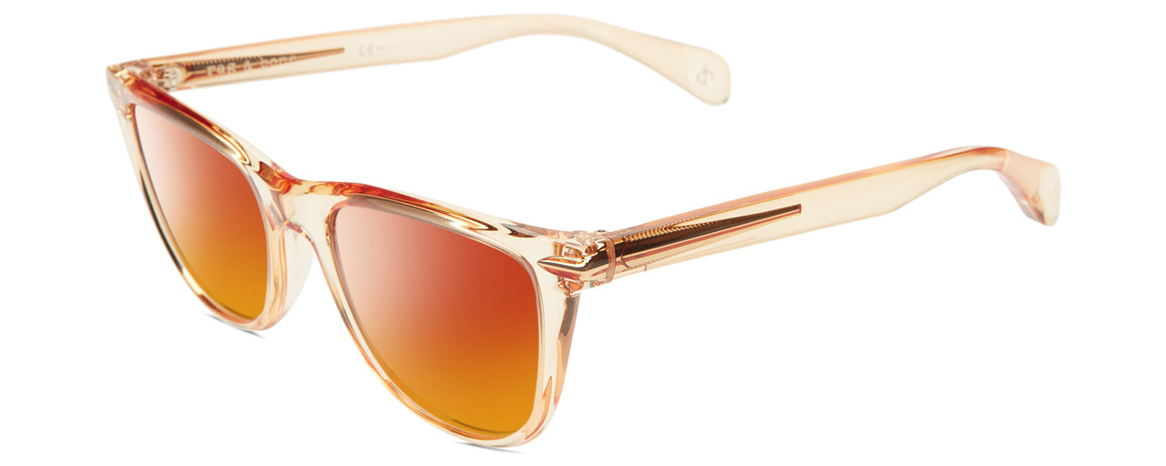 Profile View of Rag&Bone 1051 Designer Polarized Sunglasses with Custom Cut Red Mirror Lenses in Crystal Peach Orange Ladies Panthos Full Rim Acetate 53 mm