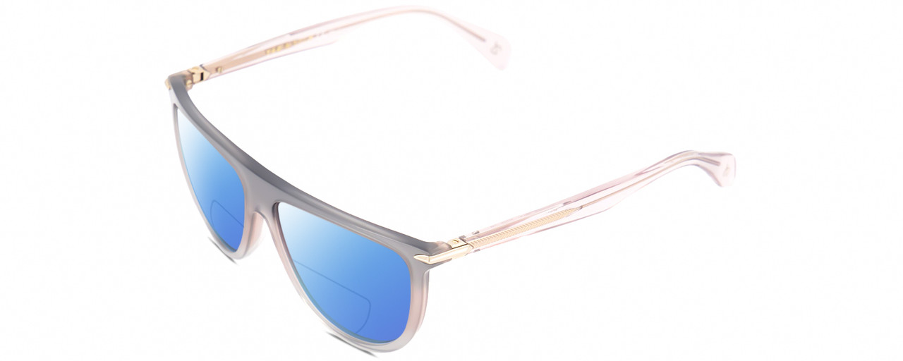 Profile View of Rag&Bone 1056 Designer Polarized Reading Sunglasses with Custom Cut Powered Blue Mirror Lenses in Smoked Crystal Grey Fade Unisex Semi-Circular Full Rim Acetate 57 mm