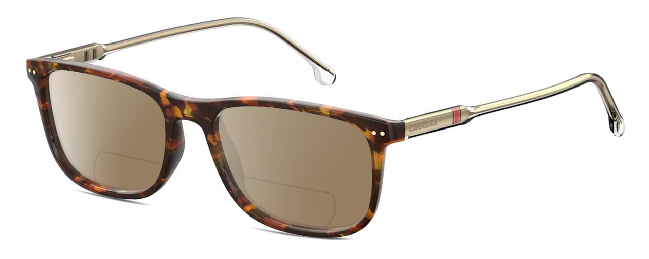 Profile View of Carrera 202 Designer Polarized Reading Sunglasses with Custom Cut Powered Amber Brown Lenses in Brown Tortoise Havana Gold Clear Crystal Unisex Panthos Full Rim Acetate 55 mm