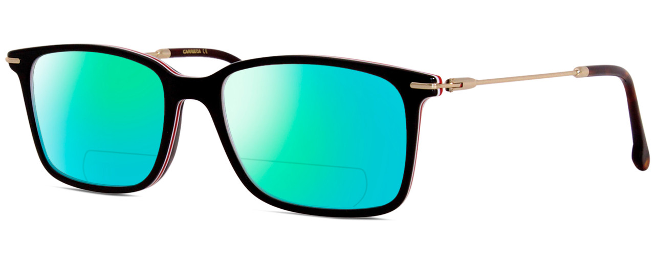 Profile View of Carrera 205 Designer Polarized Reading Sunglasses with Custom Cut Powered Green Mirror Lenses in Matte Black Gunmetal Unisex Rectangular Full Rim Acetate 52 mm