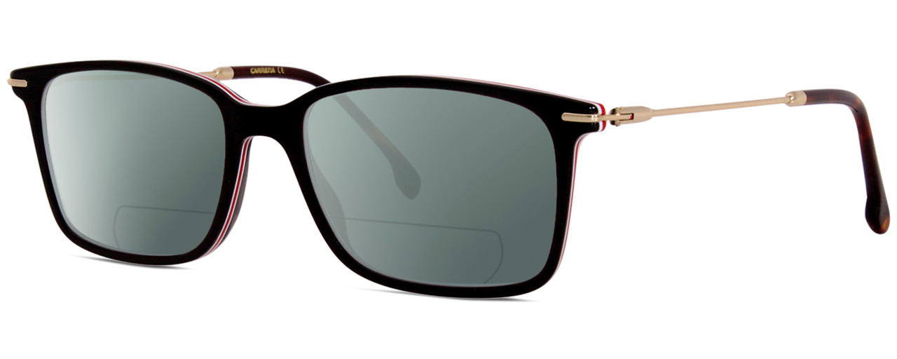 Profile View of Carrera 205 Designer Polarized Reading Sunglasses with Custom Cut Powered Smoke Grey Lenses in Matte Black Gunmetal Unisex Rectangular Full Rim Acetate 52 mm