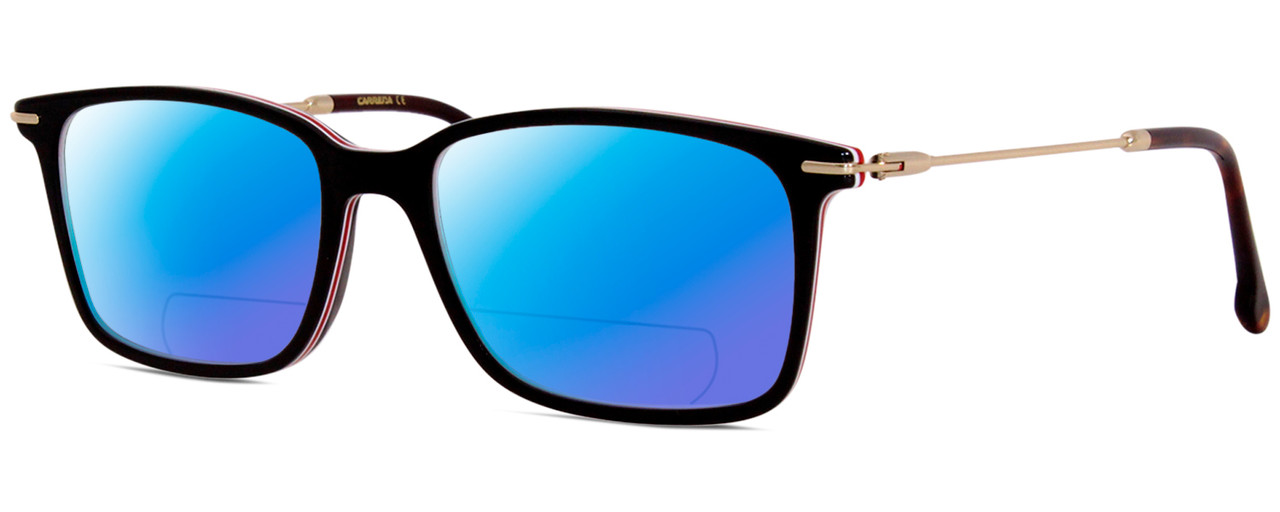 Profile View of Carrera 205 Designer Polarized Reading Sunglasses with Custom Cut Powered Blue Mirror Lenses in Matte Black Gunmetal Unisex Rectangular Full Rim Acetate 52 mm