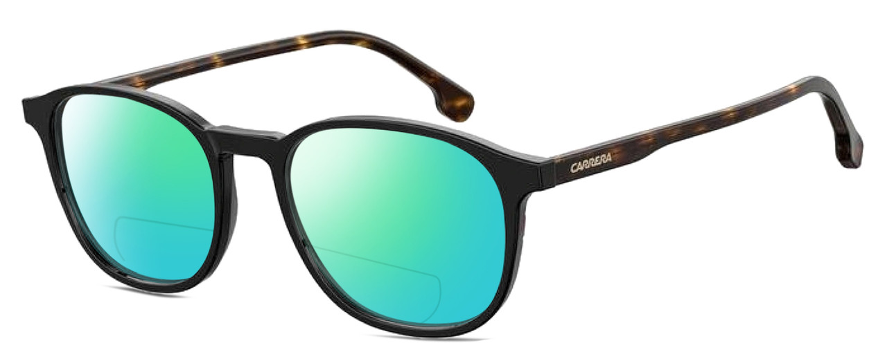 Profile View of Carrera 215 Designer Polarized Reading Sunglasses with Custom Cut Powered Green Mirror Lenses in Gloss Black Tortoise Havana Unisex Panthos Full Rim Acetate 51 mm