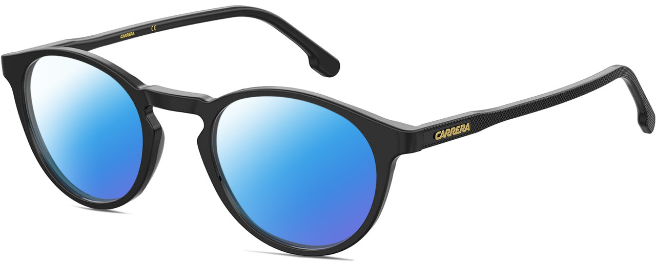 Profile View of Carrera 255 Designer Polarized Sunglasses with Custom Cut Blue Mirror Lenses in Gloss Black Unisex Panthos Full Rim Acetate 48 mm