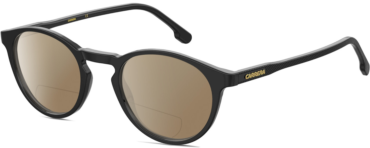Profile View of Carrera 255 Designer Polarized Reading Sunglasses with Custom Cut Powered Amber Brown Lenses in Gloss Black Unisex Panthos Full Rim Acetate 48 mm