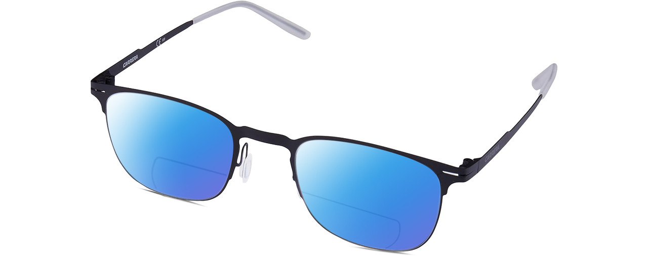 Profile View of Carrera 6660 Designer Polarized Reading Sunglasses with Custom Cut Powered Blue Mirror Lenses in Matte Black Frost Crystal Unisex Panthos Full Rim Stainless Steel 50 mm