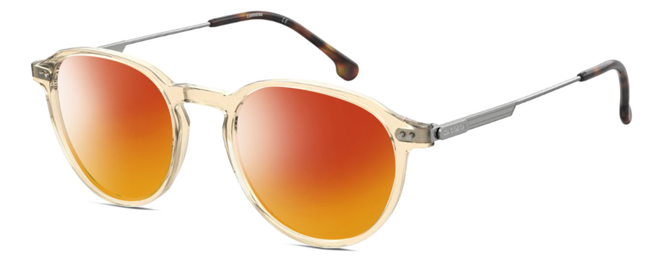 Profile View of Carrera CA-1119 Designer Polarized Sunglasses with Custom Cut Red Mirror Lenses in Champagne Crystal Gold Silver Unisex Round Full Rim Acetate 49 mm
