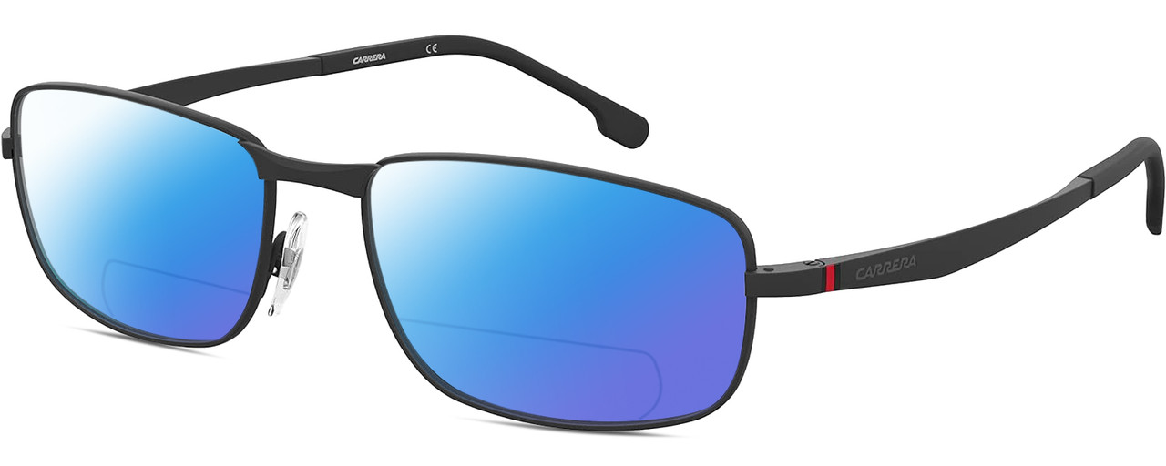 Profile View of Carrera CA-8854 Designer Polarized Reading Sunglasses with Custom Cut Powered Blue Mirror Lenses in Matte Black Mens Rectangle Full Rim Stainless Steel 59 mm