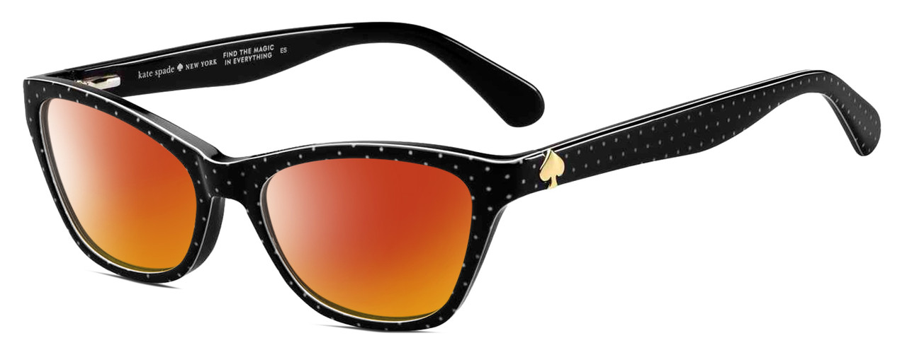 Profile View of Kate Spade ALAYSHA Designer Polarized Sunglasses with Custom Cut Red Mirror Lenses in Gloss Black White Polka Dot Ladies Cat Eye Full Rim Acetate 51 mm