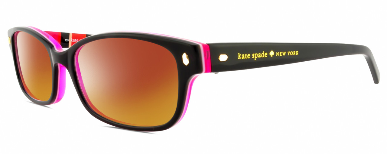 Profile View of Kate Spade LUCYANN Designer Polarized Sunglasses with Custom Cut Red Mirror Lenses in Gloss Black Pink Crystal Red Tan Stripes Ladies Oval Full Rim Acetate 49 mm