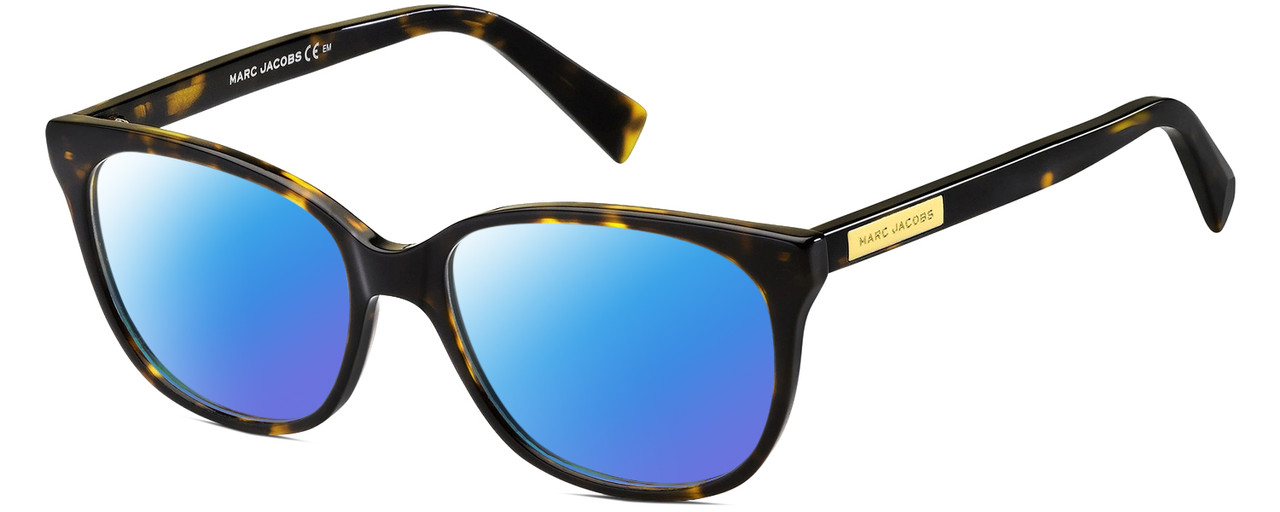 Profile View of Marc Jacobs 430 Designer Polarized Sunglasses with Custom Cut Blue Mirror Lenses in Tortoise Havana Brown Silver Ladies Cat Eye Full Rim Acetate 51 mm