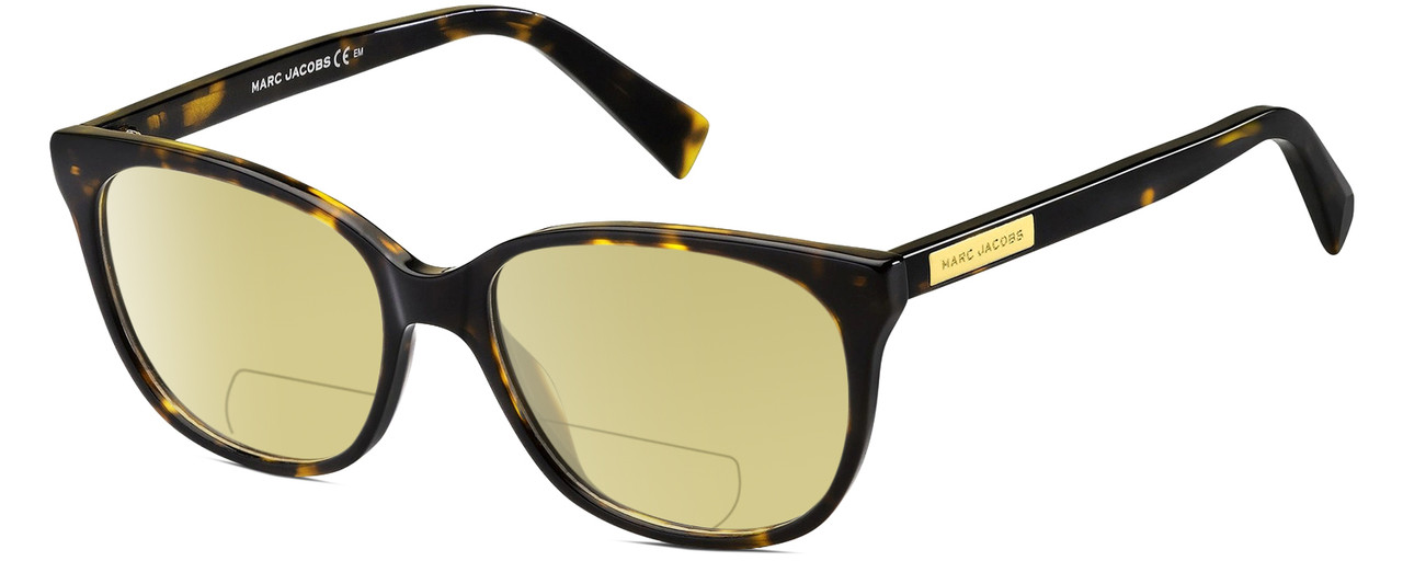 Profile View of Marc Jacobs 430 Designer Polarized Reading Sunglasses with Custom Cut Powered Sun Flower Yellow Lenses in Tortoise Havana Brown Silver Ladies Cat Eye Full Rim Acetate 51 mm