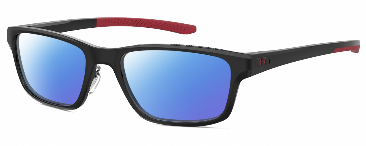 Profile View of Under Armour UA-5000/G Designer Polarized Sunglasses with Custom Cut Blue Mirror Lenses in Gloss Black Coral Red Mens Rectangle Full Rim Acetate 55 mm