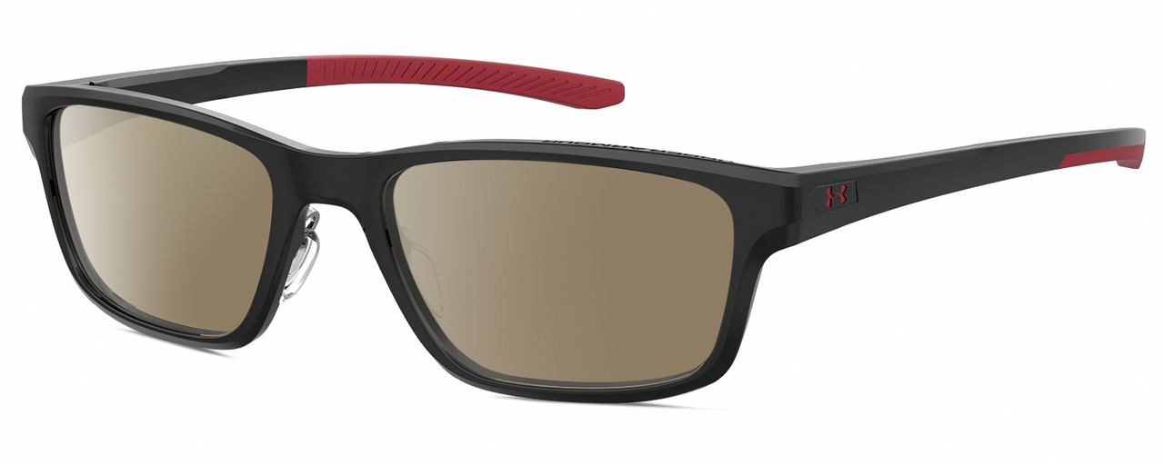 Profile View of Under Armour UA-5000/G Designer Polarized Sunglasses with Custom Cut Amber Brown Lenses in Gloss Black Coral Red Mens Rectangle Full Rim Acetate 55 mm