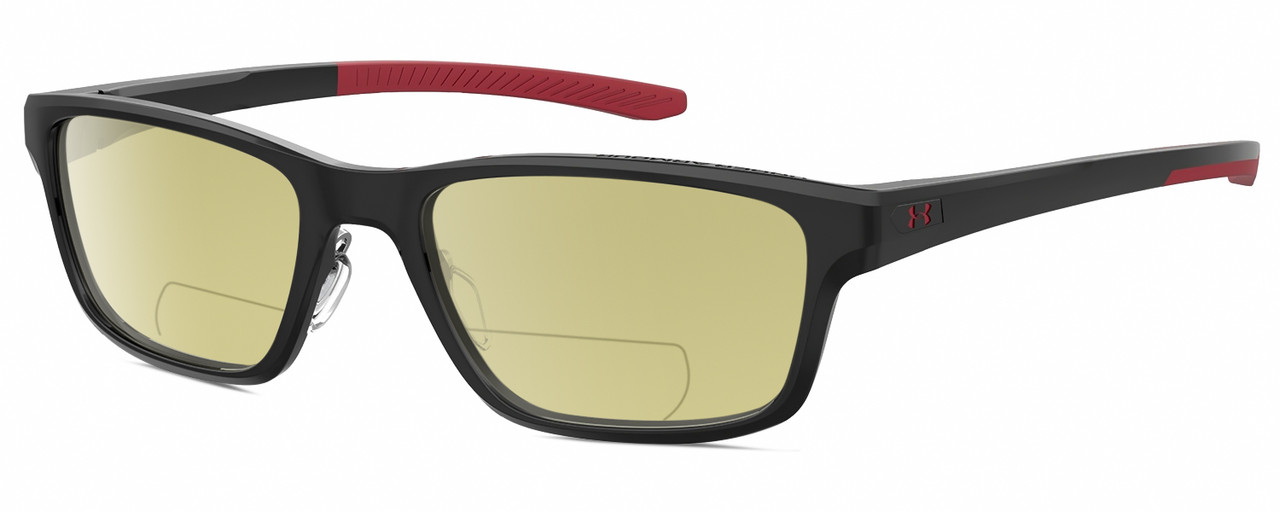 Profile View of Under Armour UA-5000/G Designer Polarized Reading Sunglasses with Custom Cut Powered Sun Flower Yellow Lenses in Gloss Black Coral Red Mens Rectangle Full Rim Acetate 55 mm