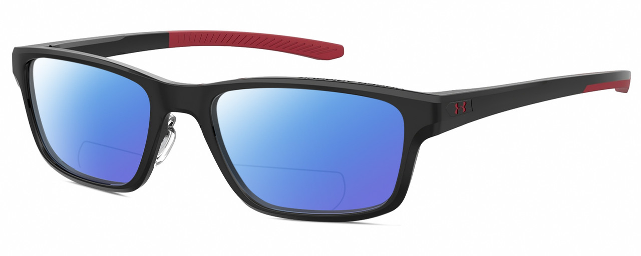 Profile View of Under Armour UA-5000/G Designer Polarized Reading Sunglasses with Custom Cut Powered Blue Mirror Lenses in Gloss Black Coral Red Mens Rectangle Full Rim Acetate 55 mm