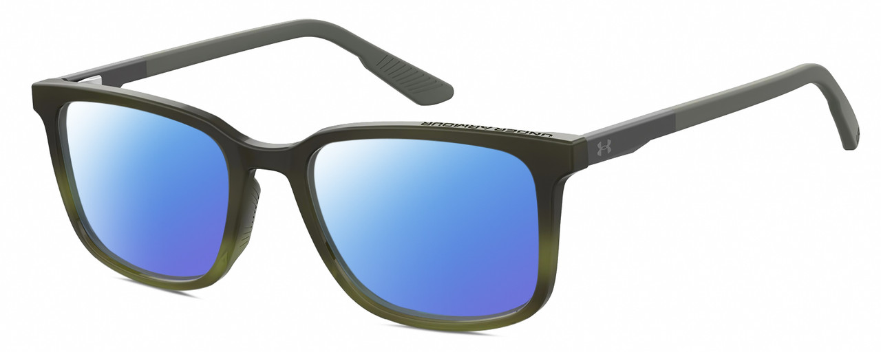 Profile View of Under Armour UA-5010 Designer Polarized Sunglasses with Custom Cut Blue Mirror Lenses in Green Horn Marble Unisex Square Full Rim Acetate 53 mm