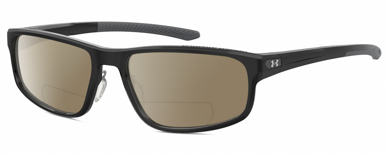 Profile View of Under Armour UA-5014 Designer Polarized Reading Sunglasses with Custom Cut Powered Amber Brown Lenses in Gloss Black Matte Grey Mens Oval Full Rim Acetate 56 mm